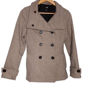 H&M Tan Peacoat with Wide Lapel Collar and Tailored Silhouette